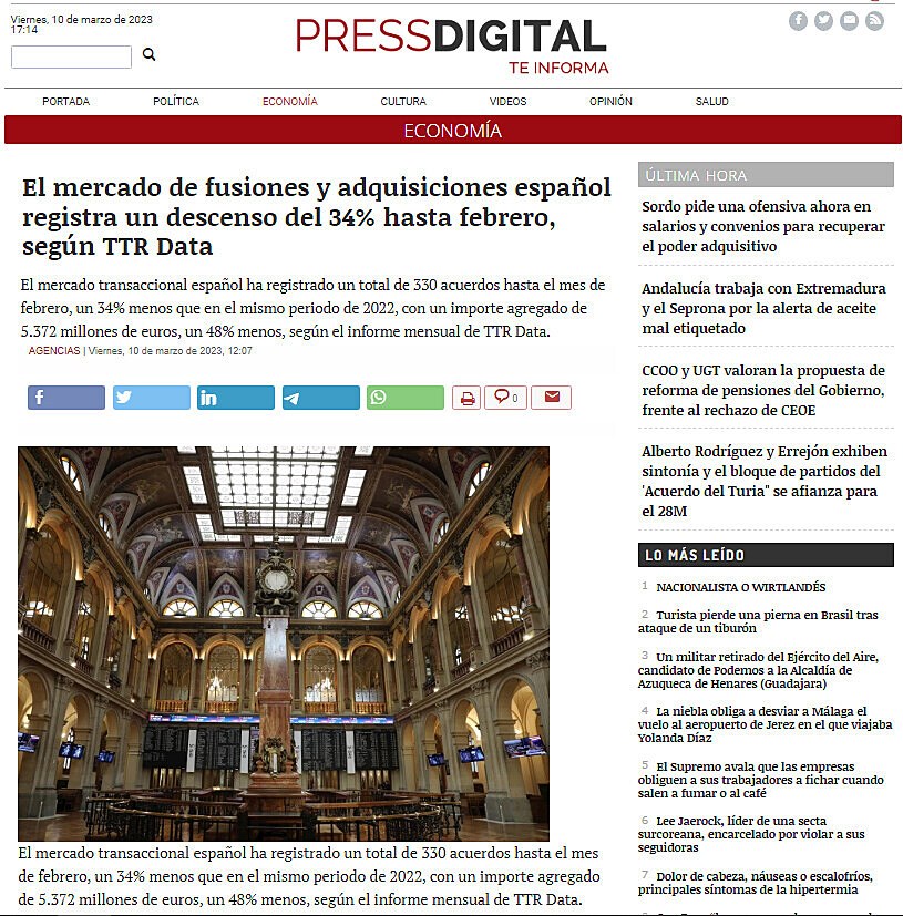 El mercado de fusiones y adquisiciones espaol registra un descenso del 34% hasta febrero, segn TTR Data